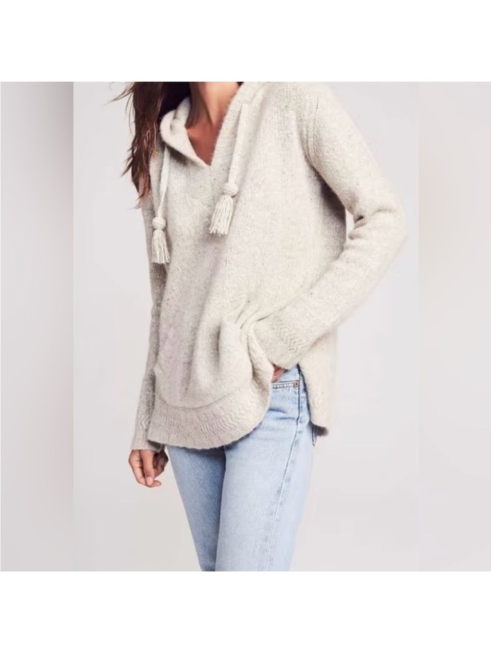 Faherty 100% Cashmere Taupe Hooded Tassel Knit Pullover